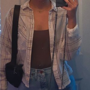 Women’s Small FREE PEOPLE Cream Brown Lightweight Plaid Cropped Button Front Top